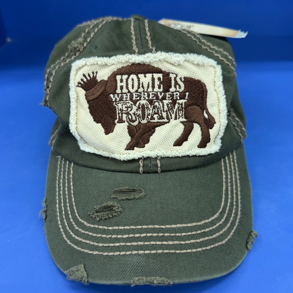 NWT Junk Gypsy Buckle Home Is Wherever I Roam Buffalo Distressed Hat Green JG015